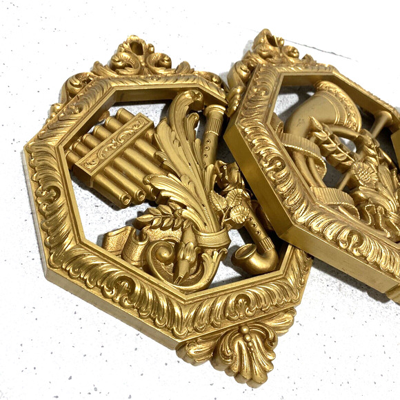 Homeco 1976 golden faux carved wood wall hangings set of 3 plaques music motif - Picture 6 of 12